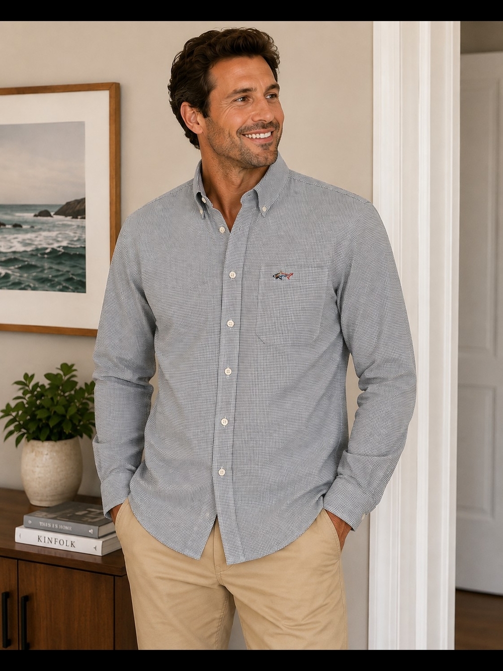 Greg Norman Collection Men's Button-Down Shirt - Light Gray Microcheck Large